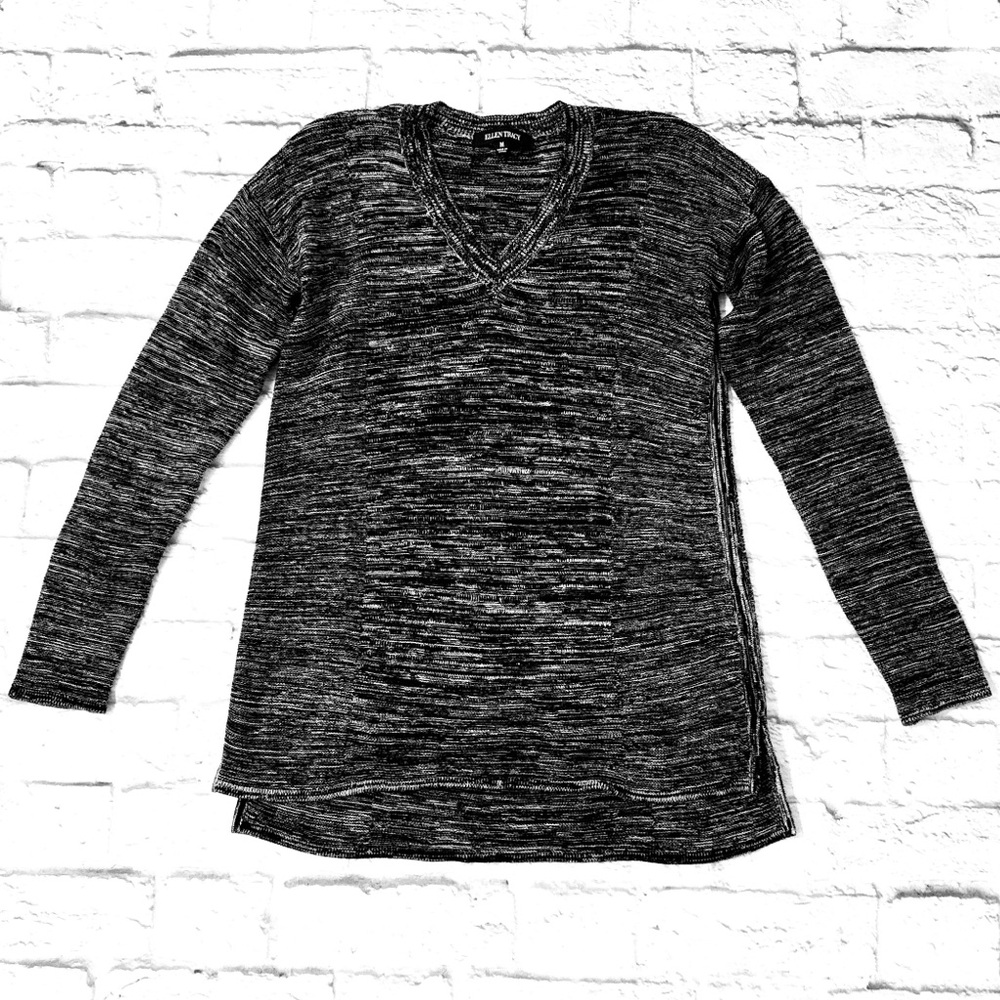 Ellen Tracy V Neck Sweater Tunic Gray Black Long Sleeve Lightweight Size Medium
